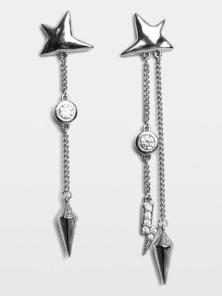 Rock Star Earrings - Silver-toned brass star earrings with chains featuring lightning bolts and rhinestone studs.