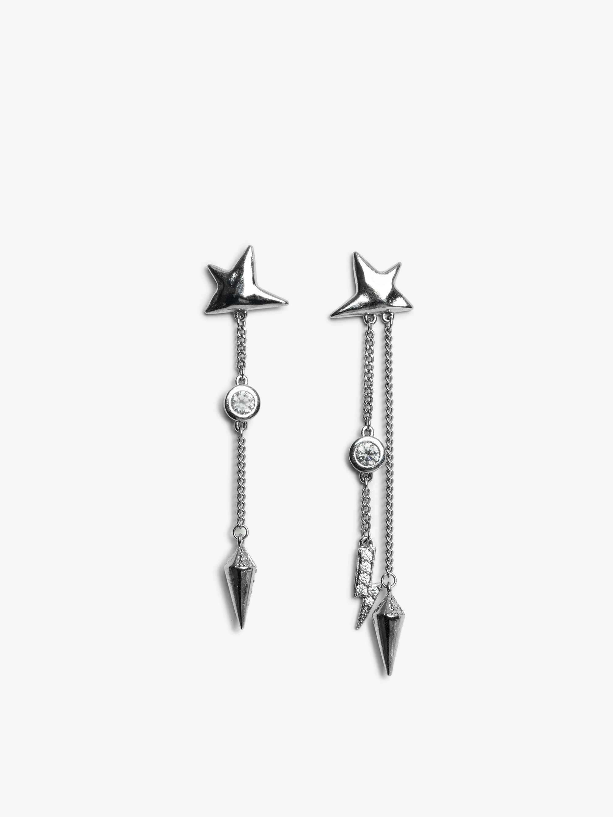 Nova Earrings - Silver star-shaped earrings in brass, featuring chains adorned with lightning bolts and studded spikes.