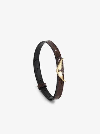 Rock Bracelet 100% Leather - Brown crocodile-embossed leather bracelet with golden wing buckle.