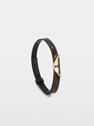 Bracelet Rock Croco - Brown crocodile-embossed leather bracelet with golden wing buckle.