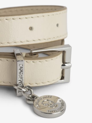 Sunny Leather Bracelet - Double-wrap bracelet in ecru patent leather with vintage effect featuring medallion charm and belt buckle.