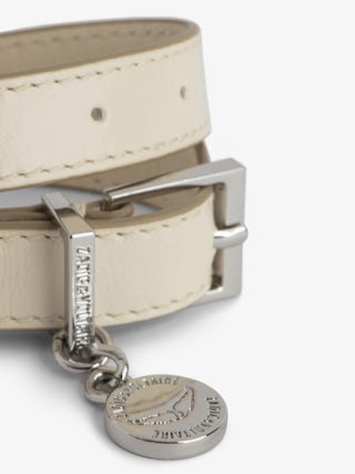 Sunny Leather Bracelet - Double-wrap bracelet in ecru patent leather with vintage effect featuring medallion charm and belt buckle.