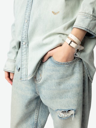 Sunny Leather Bracelet - Double-wrap bracelet in ecru patent leather with vintage effect featuring medallion charm and belt buckle.