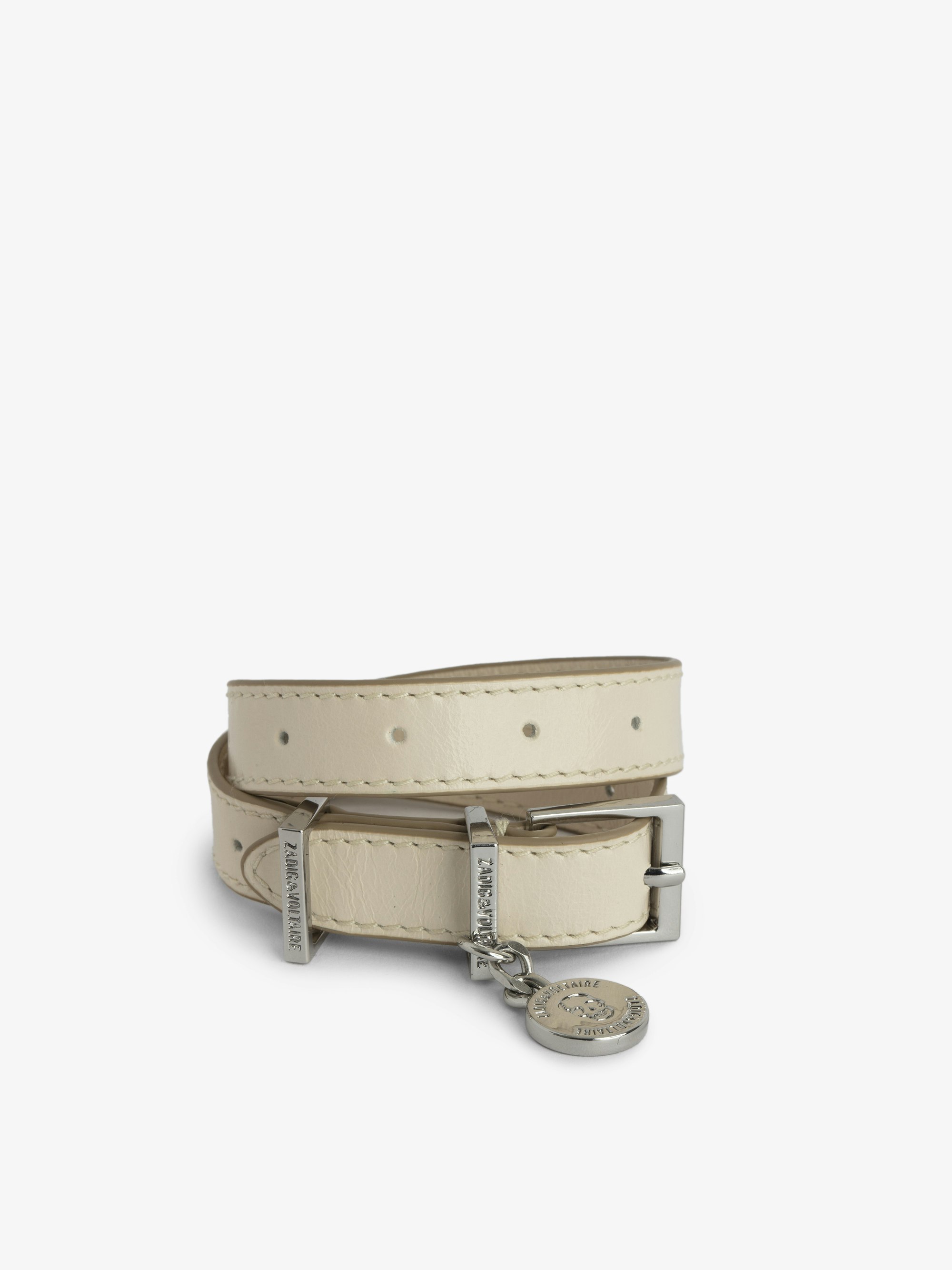 Sunny Leather Bracelet - Vintage-effect ivory patent leather double-wrap bracelet with medallion charm and belt buckle.