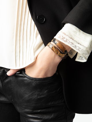 Rock Bracelet 100% Leather - Embossed snake-effect leather bracelet with a wing.