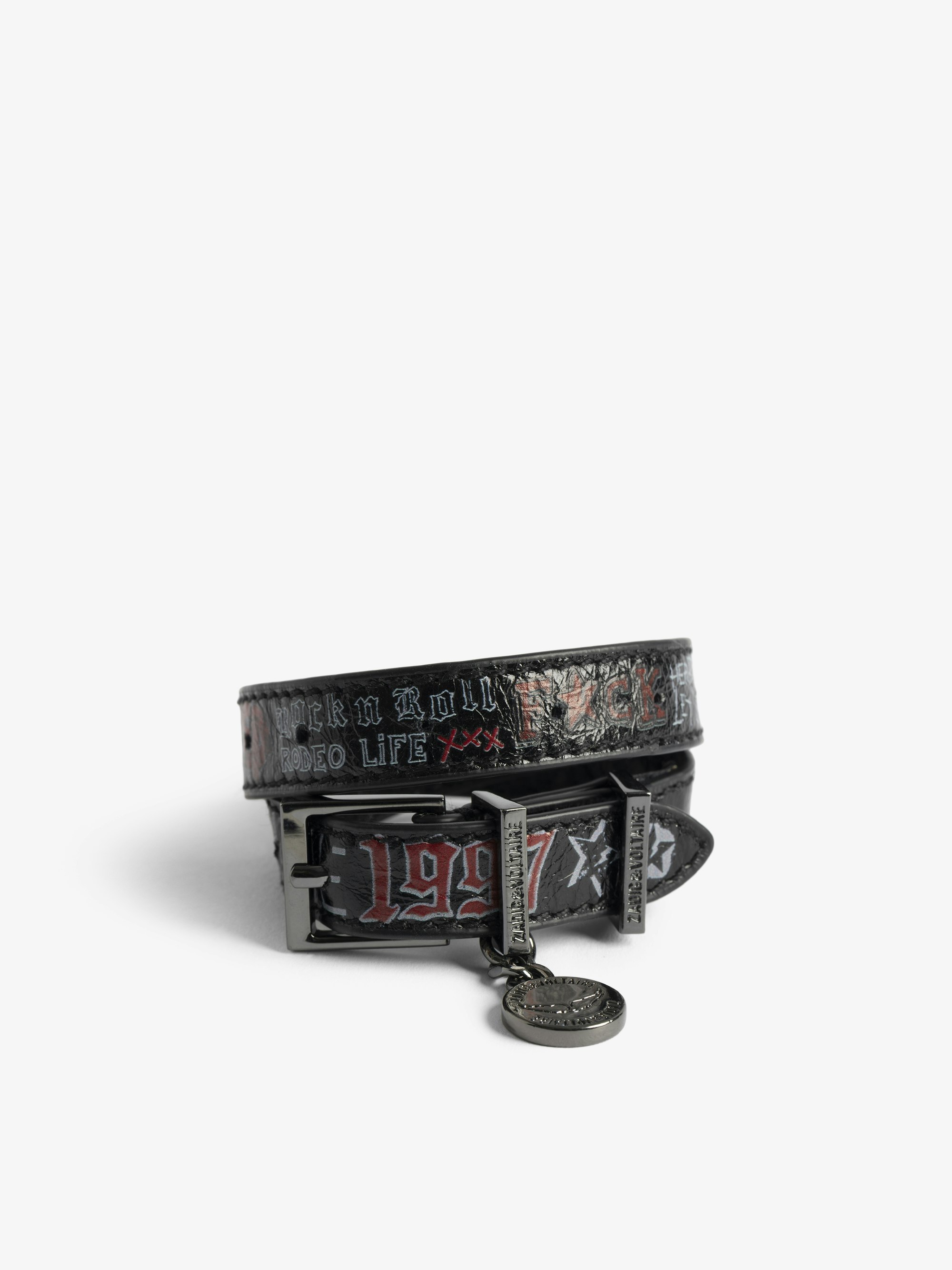 Sunny Tag Leather Bracelet - Double wrap patent leather bracelet with vintage-inspired effect featuring medallion charm and tags.