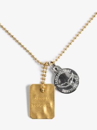 Long Chain Necklace - Long stainless steel necklace with ball chain and double plaques.