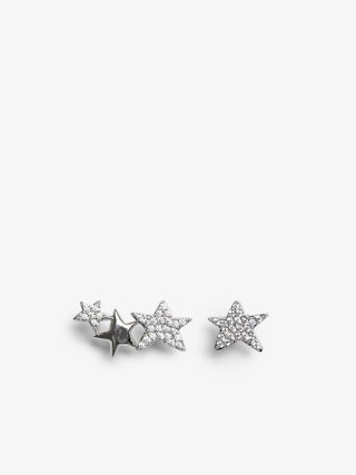 Rock Star Strass Earrings - Asymmetrical stud earrings in brass with rhinestone-adorned stars.