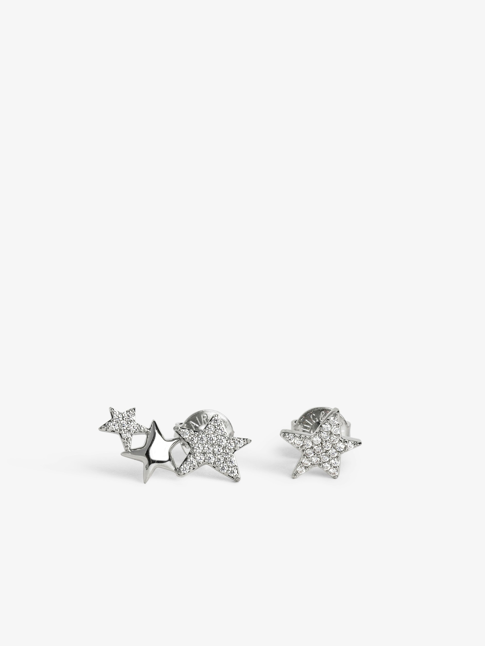 Rock Star Strass Earrings - Asymmetrical stud earrings in brass with rhinestone-adorned stars.