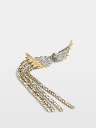 Rock Feather Strass Earrings - Asymmetrical wing earrings in gold-plated and blackened brass set with white crystals.