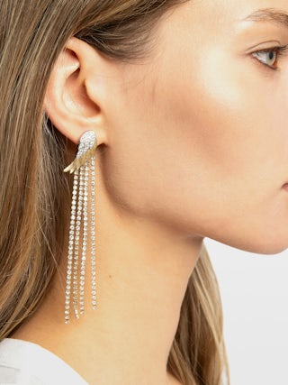 Rock Feather Strass Earrings - Asymmetrical wing earrings in gold-plated and blackened brass set with white crystals.