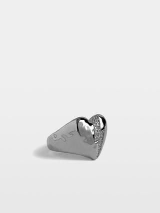 Heartbreaker Flash Ring - Heart ring in hammered brass set with lightning-shaped rhinestones.