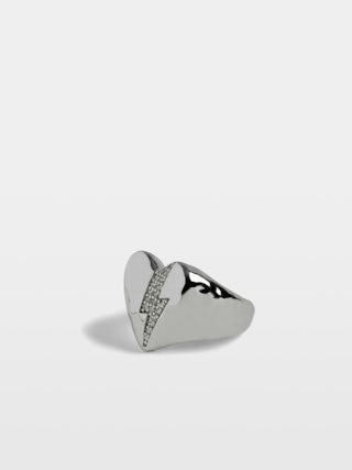 Heartbreaker Flash Ring - Heart ring in hammered brass set with lightning-shaped rhinestones.