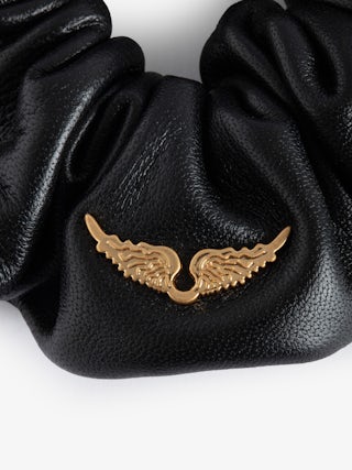 Scrunchie Hair Tie - Voltaire Vice scrunchie in black leather with wing motifs.