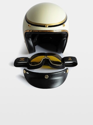 Ride Your Mind Motorcycle Helmet - Ecru motorcycle helmet with removable goggles Voltaire Vice x Mârkö Helmets.