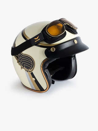 Ride Your Mind Motorcycle Helmet - Ecru motorcycle helmet with removable goggles Voltaire Vice x Mârkö Helmets.