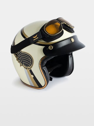 Ride Your Mind Motorcycle Helmet - Ecru motorcycle helmet with removable goggles Voltaire Vice x Mârkö Helmets.