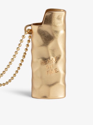 Heart On Fire Lighter Case - Voltaire Vice golden metal lighter case with removable chain, message and signature.
