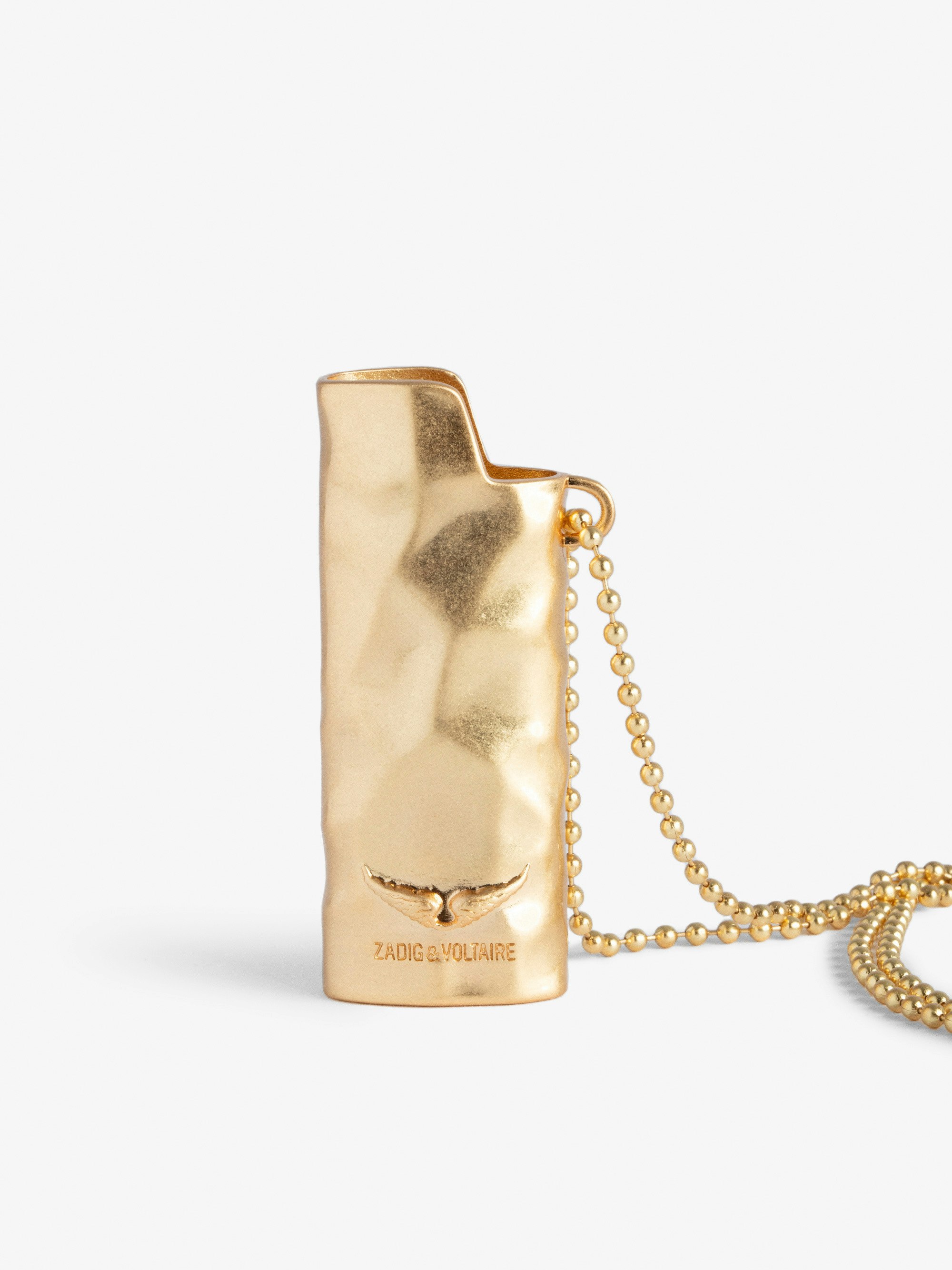 Heart on Fire Lighter Holder - Voltaire Vice gold-tone-metal lighter holder with removable chain, slogan and Zadig&Voltaire signature.