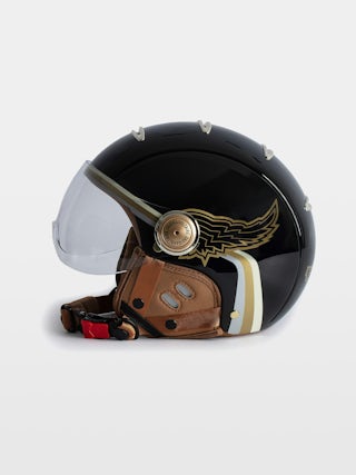 Wing Breaker Bike Helmet - Black Voltaire Vice x Mârkö Helmets bicycle helmet with visor and adjustable buckle.