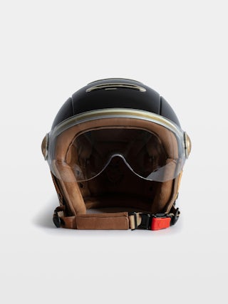 Wing Breaker Bike Helmet - Black Voltaire Vice x Mârkö Helmets bicycle helmet with visor and adjustable buckle.