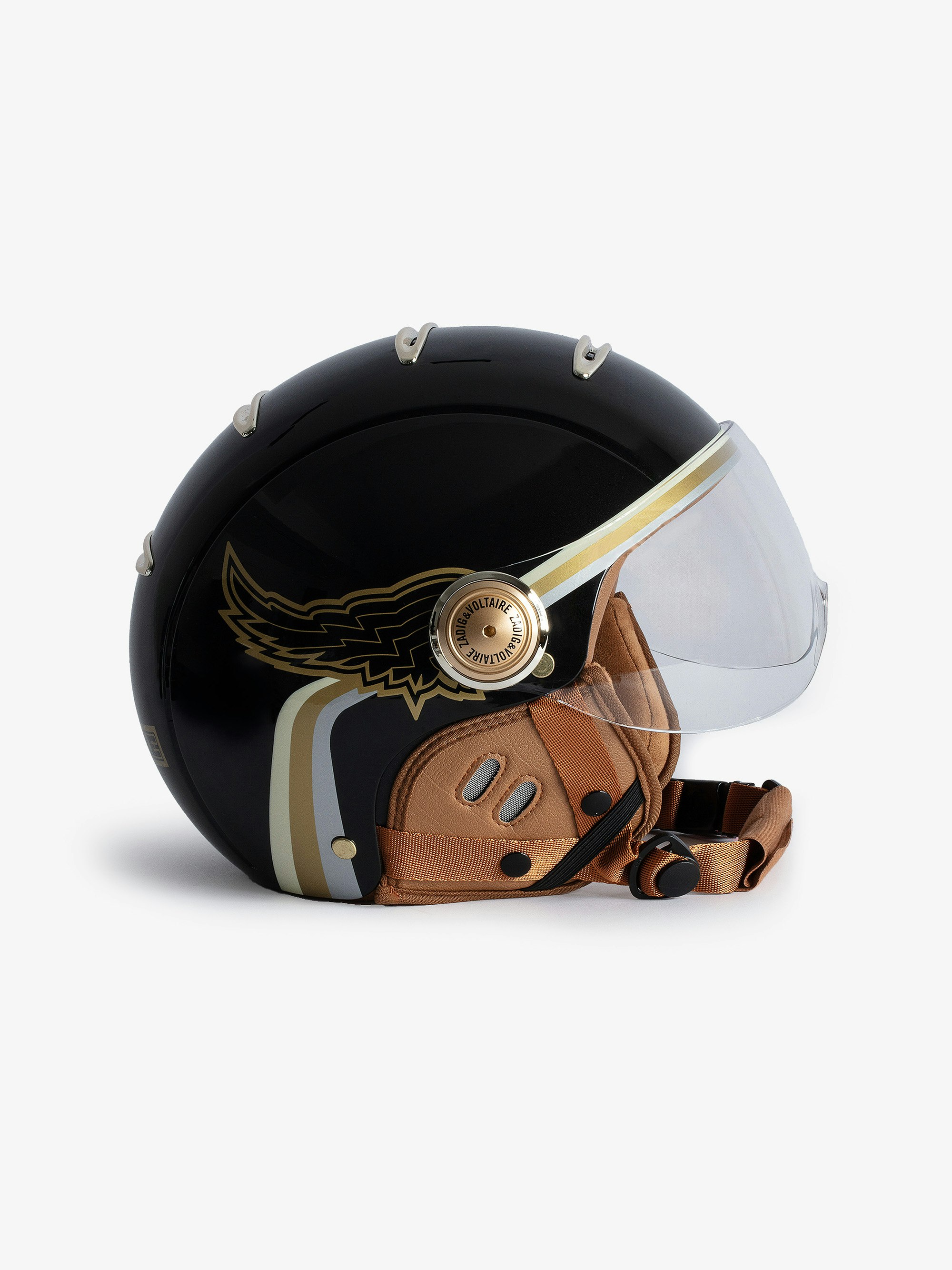 Wing Breaker Bike Helmet - Voltaire Vice x Mârkö Helmets black bicycle helmet with visor and adjustable buckle.