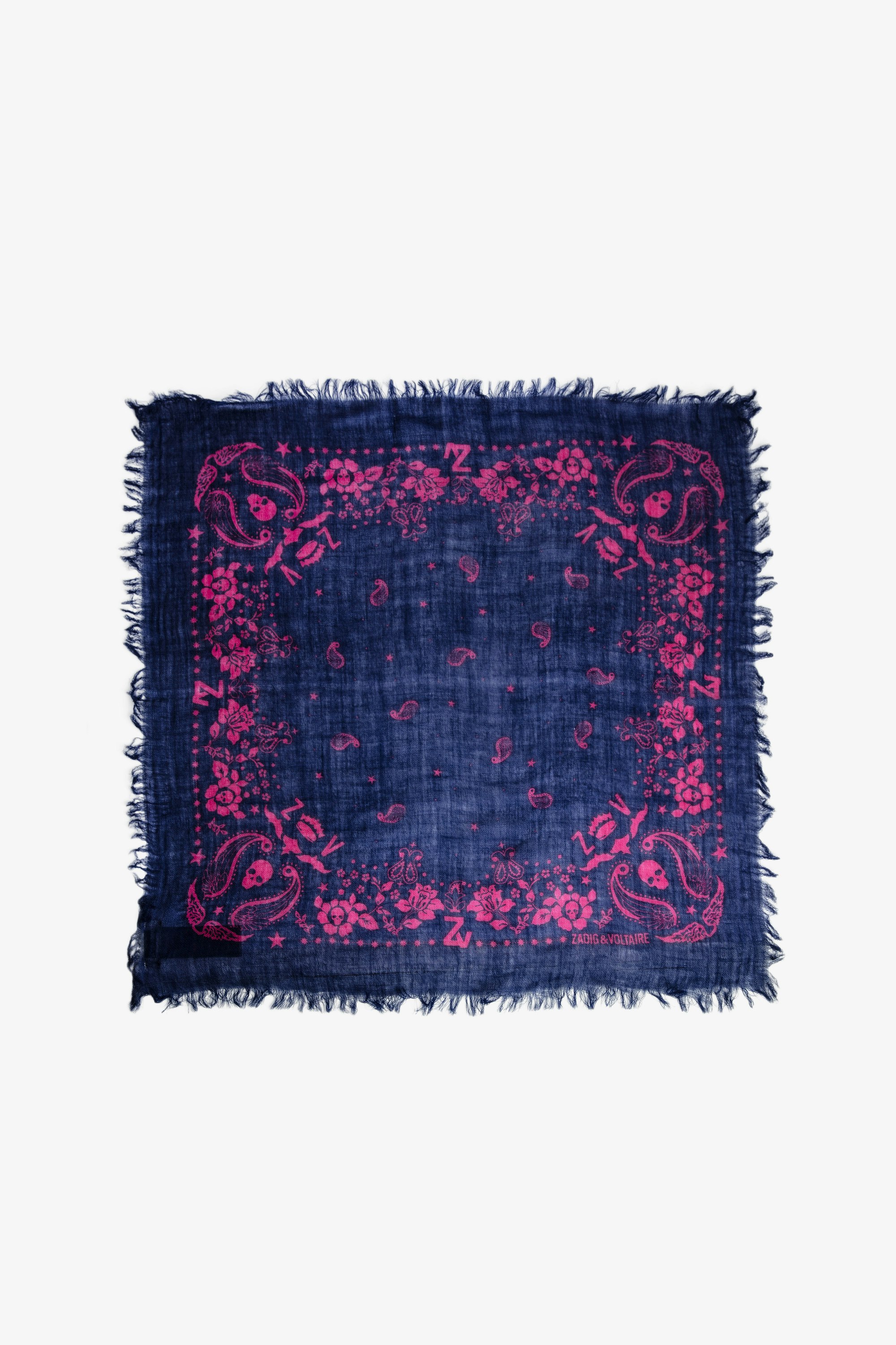 Nuage Nano カシミヤ ストール Women’s navy blue cashmere scarf with contrasting bandana print