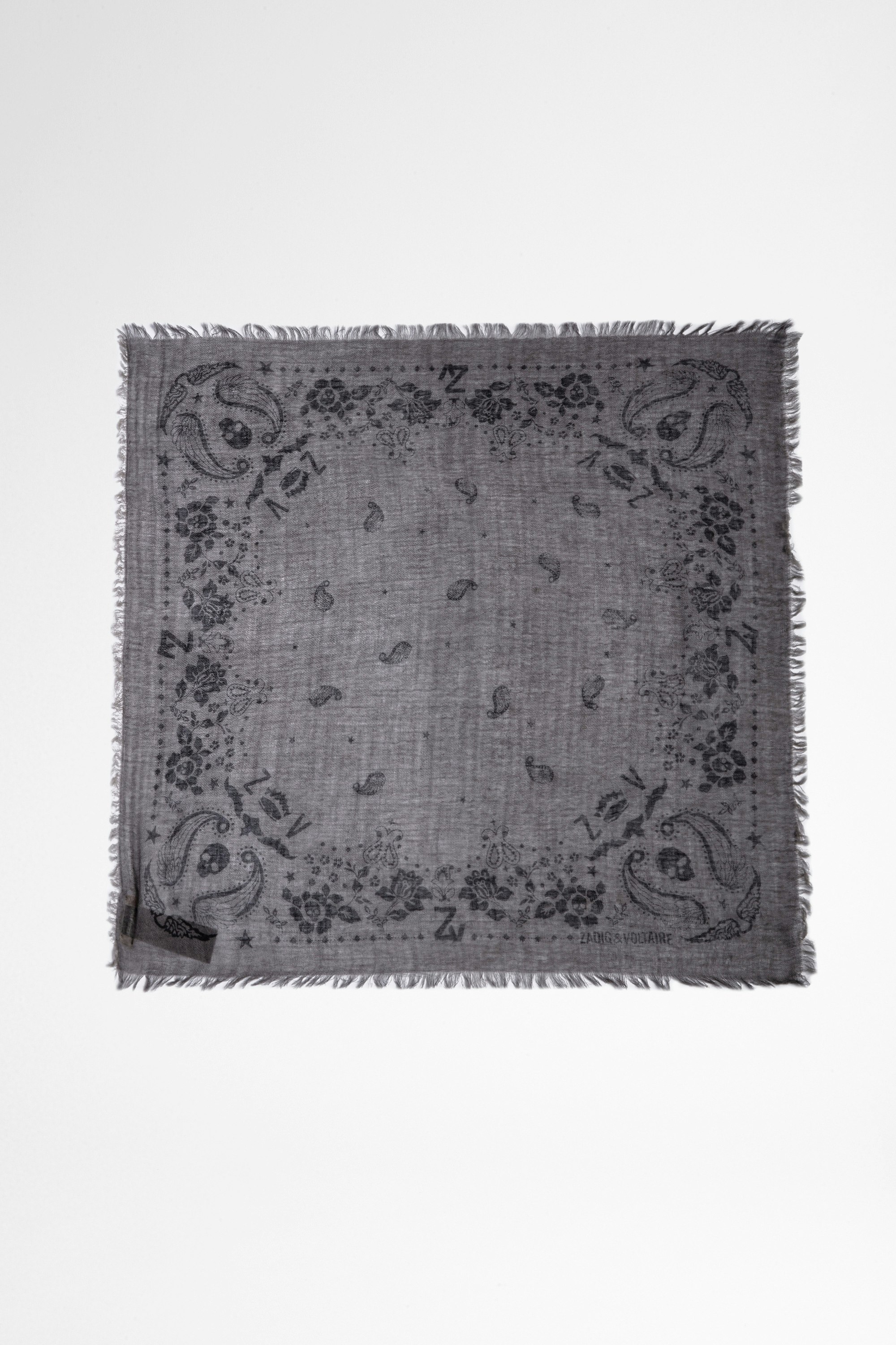 Foulard Nuage Nano in cashmere Piccolo foulard in cashmere grigio con stampa bandana, donna