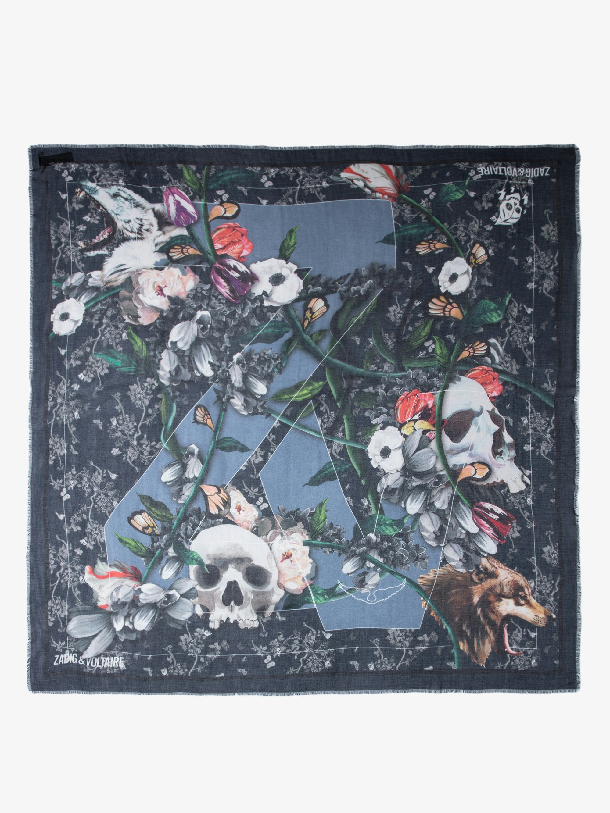 Kerry Scarf - Women's black scarf printed with flowers, skulls and ZV signature