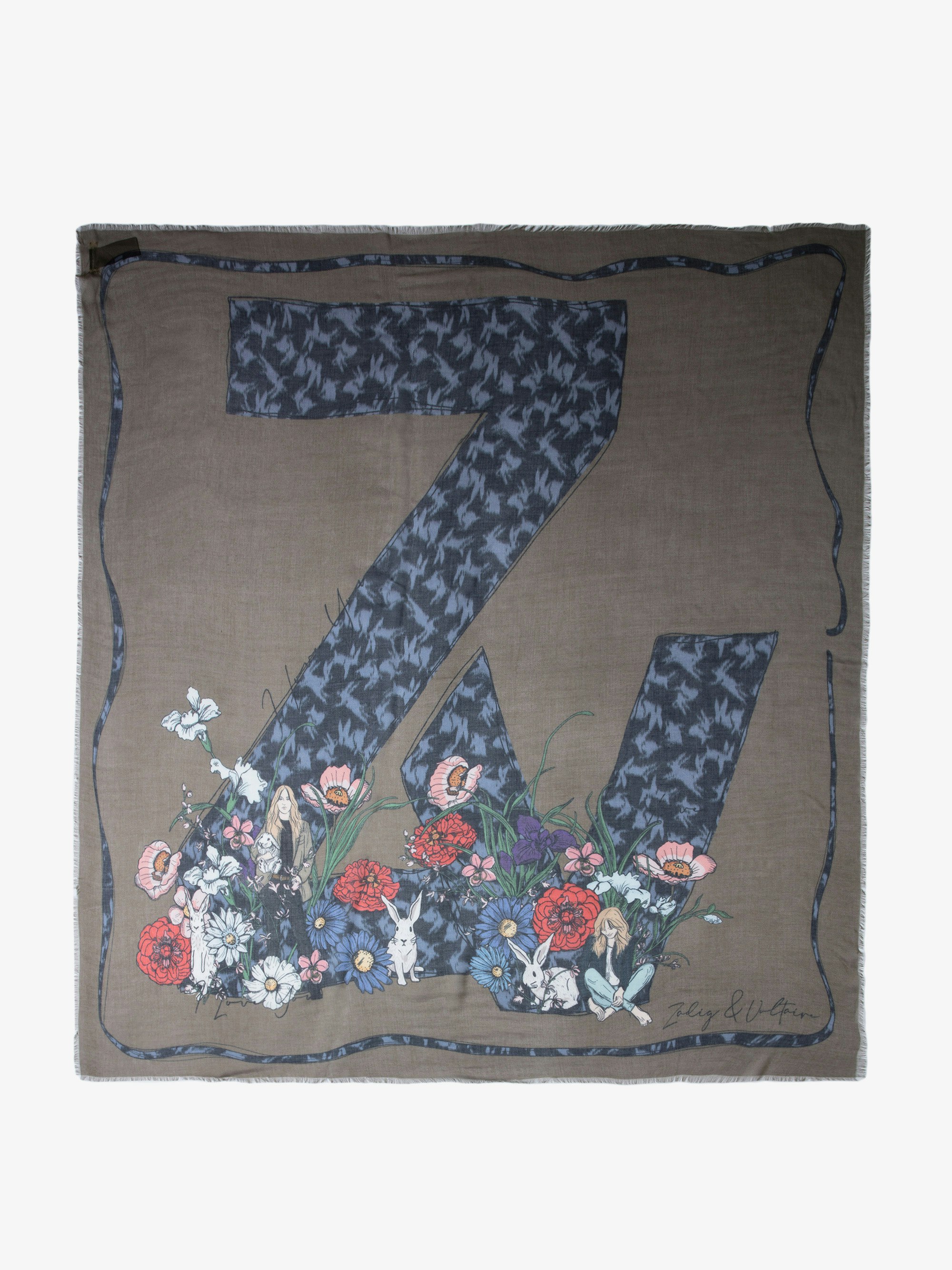 Foulard Kerry - Foulard kaki con firma ZV decorata con fiori - Donna