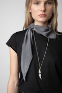 Bandy Silk Scarf - Women’s grey triangular silk scarf with stripes and Voltaire signature.