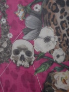 Kerry Scarf - Women’s pink scarf with leopard, floral and skull print and ZV signature.