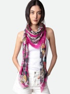 Kerry Scarf - Women’s pink scarf with leopard, floral and skull print and ZV signature.