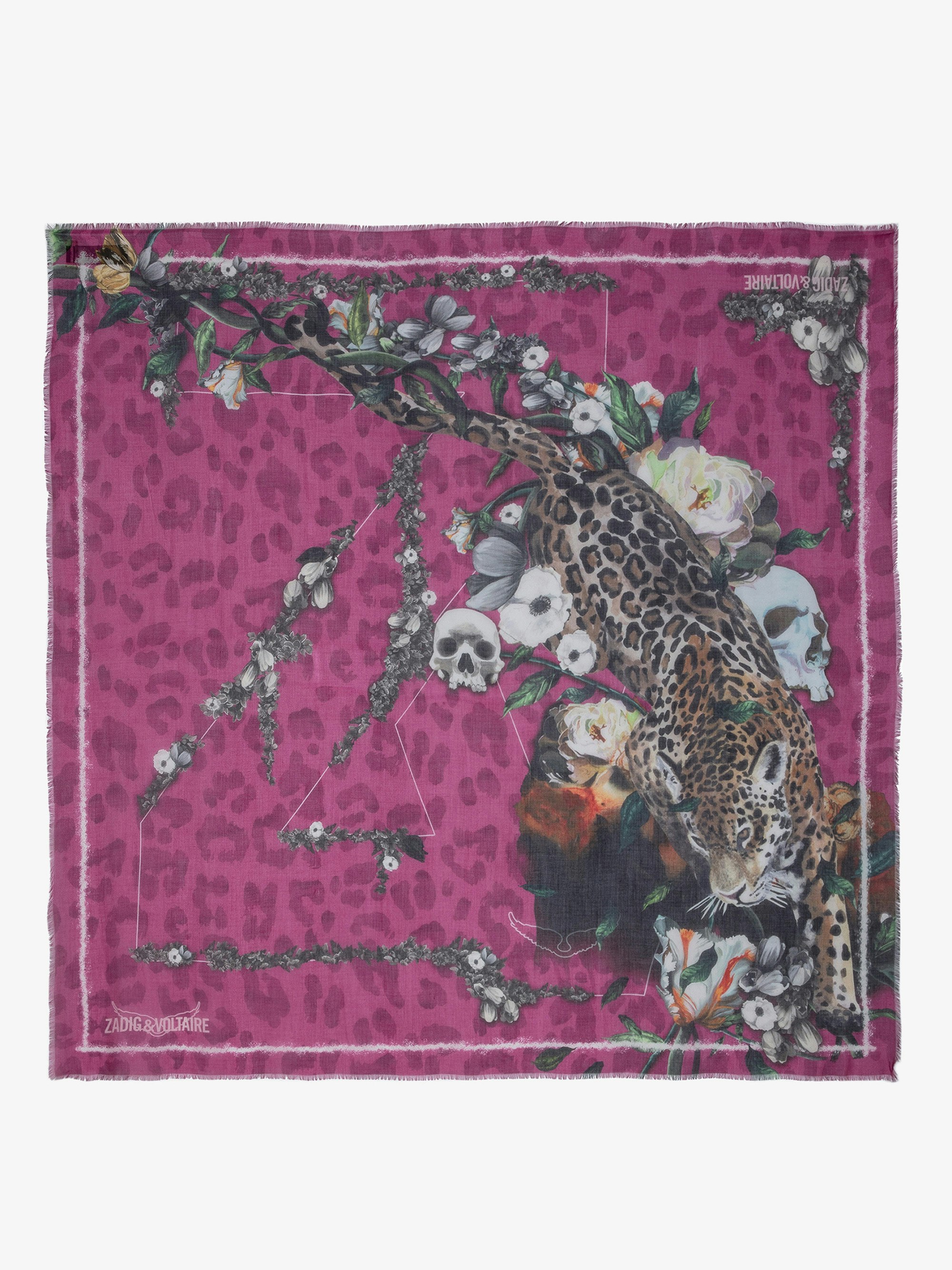Kerry Scarf - Women’s pink scarf with leopard, floral and skull print and ZV signature.