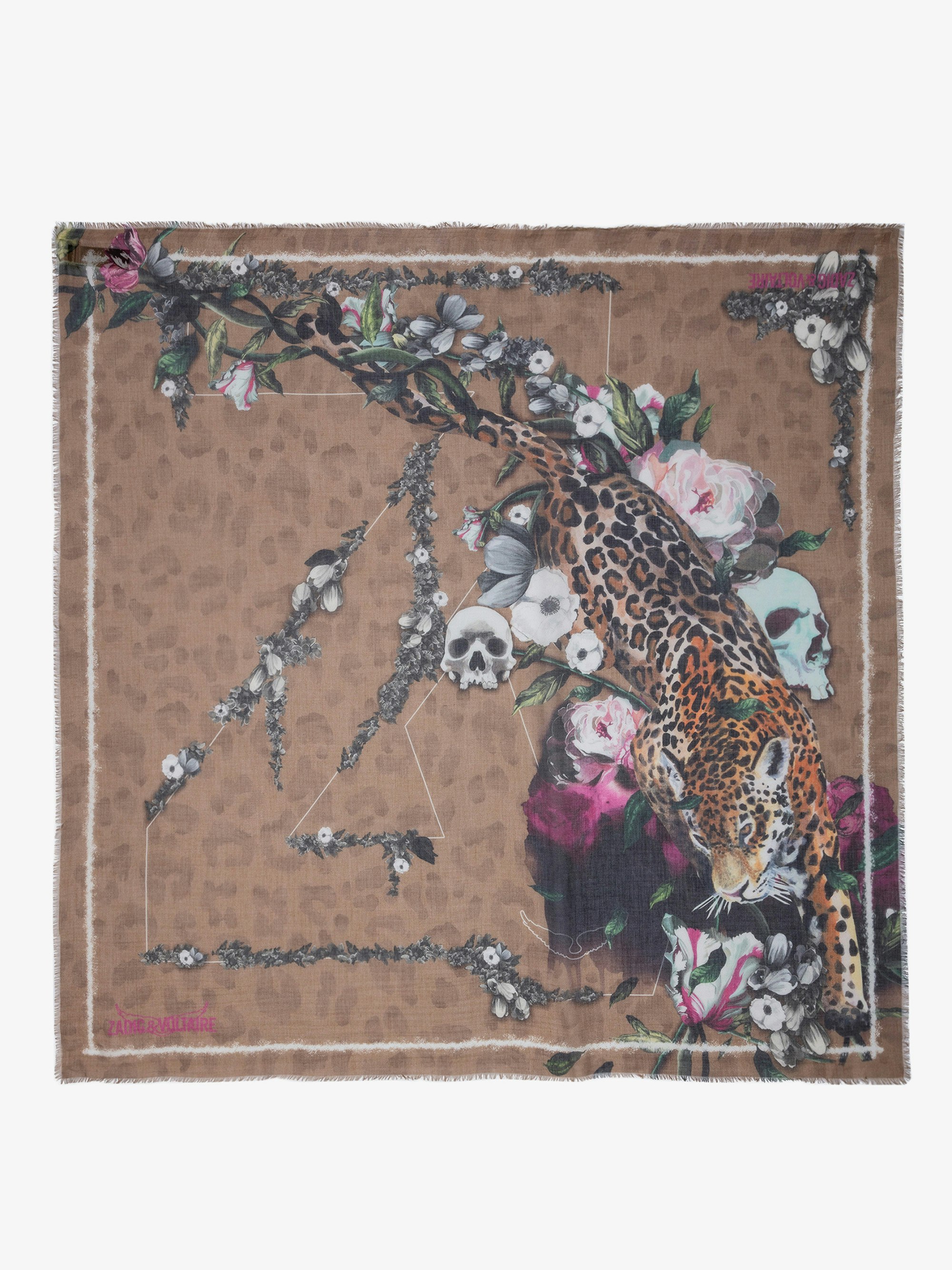 Kerry Scarf - Women’s brown scarf with leopard, floral and skull print and ZV signature.