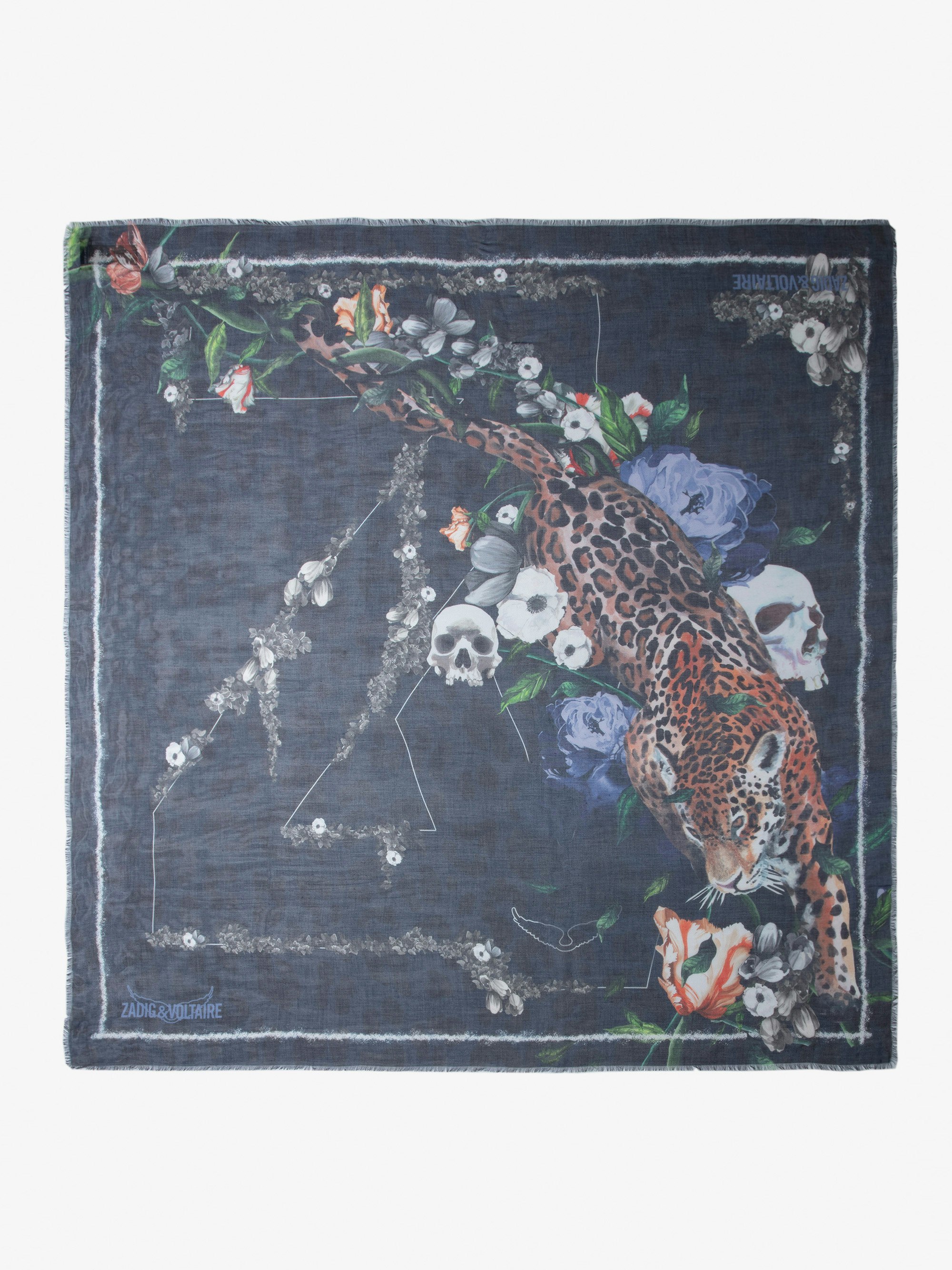 Pañuelo Kerry - Pañuelo azul marino con estampado salvaje con flores, calavera e inscripción ZV para mujer.