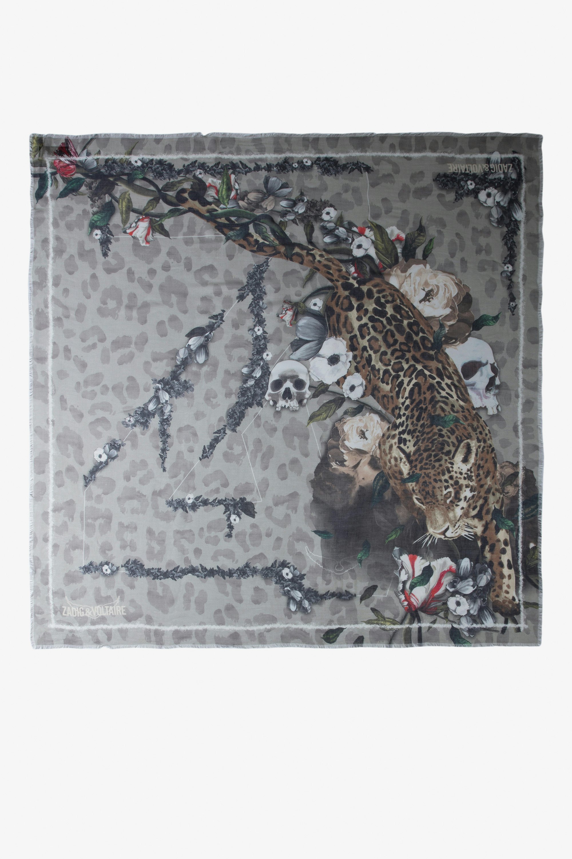 Foulard Kerry - Foulard kaki à imprimé wild, fleuri, tête de mort et signature ZV.