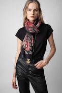 Long Delta Cashmere Scarf - Women’s long red cashmere scarf with checked and bandana print and slogans.