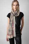 Long Delta Cashmere Scarf - Women’s long beige cashmere scarf with bandana print and slogans.