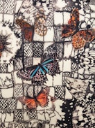 Blondie 135 Silk Scarf - Ecru silk scarf with butterfly print and lace.