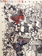 Blondie 135 Silk Scarf - Ecru silk scarf with butterfly print and lace.