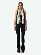 Blondie 135 Silk Scarf - Ecru silk scarf with butterfly print and lace.