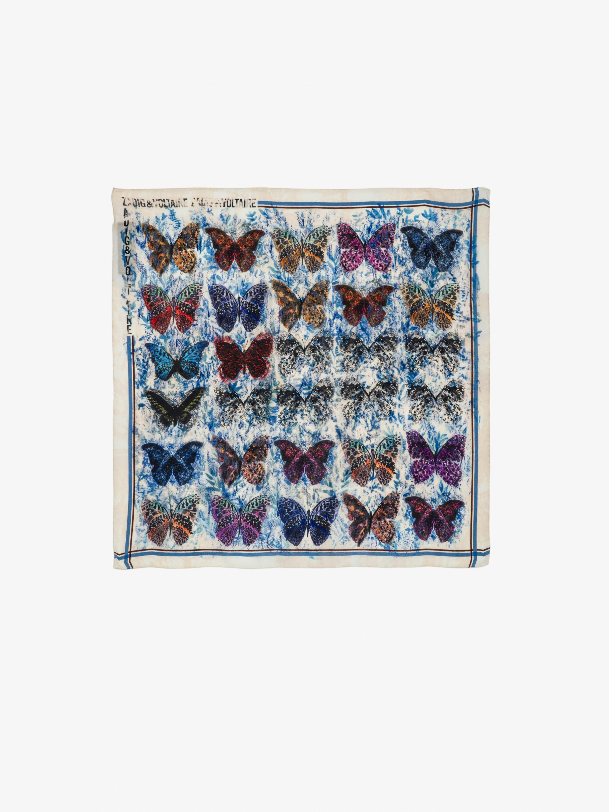 Pañuelo de Seda Blondie 65 - Pañuelo cuadrado de seda con estampado de mariposas y encaje.