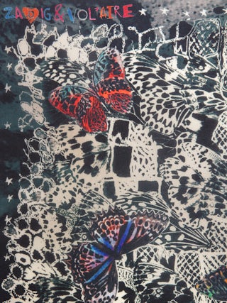 Foulard Blondie Butterfly Lace 65 - Marineblauer Seidenschal mit Schmetterlings- und Spitzendruck.