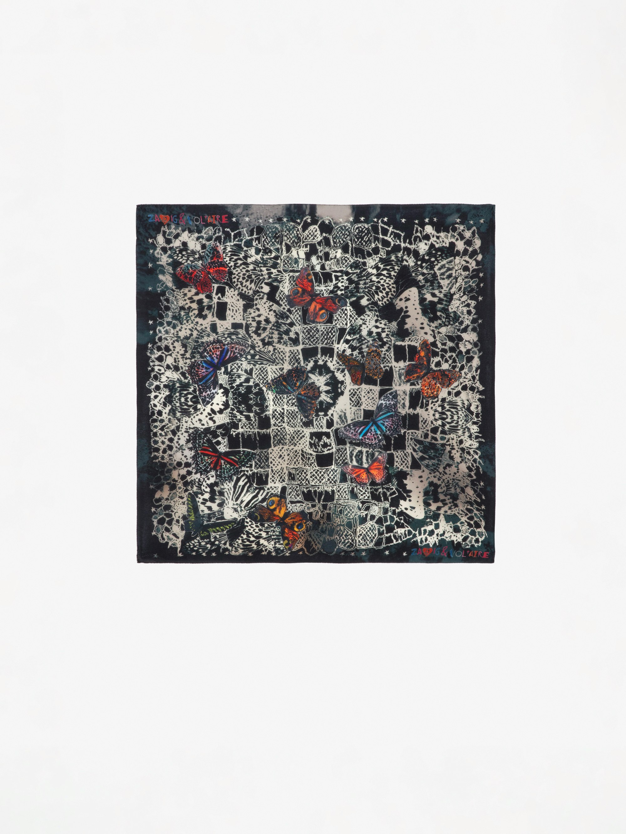 Blondie Silk Scarf - Navy blue silk scarf with butterfly print and lace.