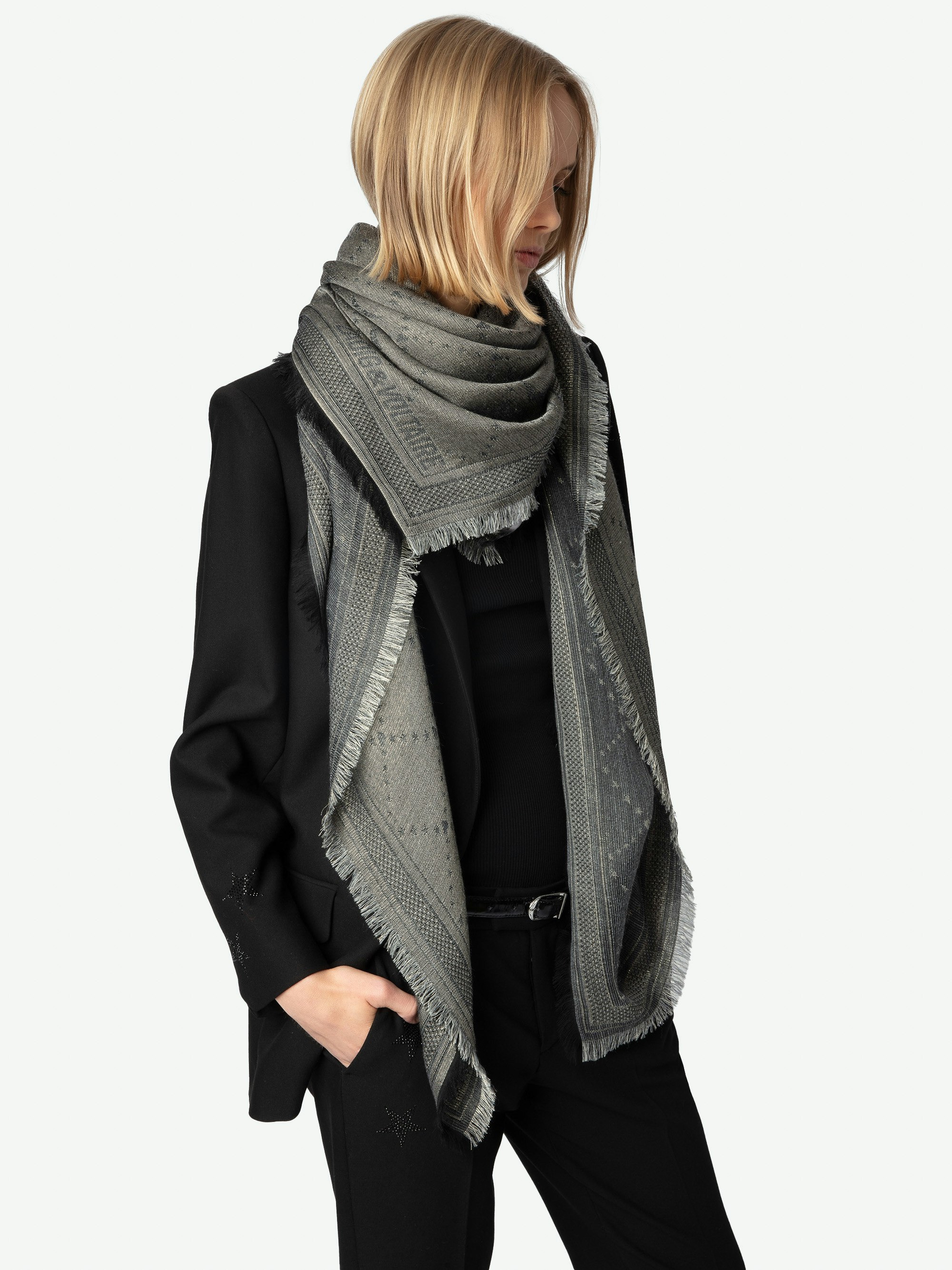 【関税込み】Glenn Monogram Scarf - Zadig & Voltaire - Viscos Glenn Metallic Monogram Scarf Grey | Zadig&Voltaire