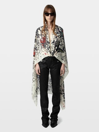 Blondie Butterfly Lace 130 Schal - Cremefarbener Seidenschal mit Schmetterlings- und Spitzendruck.