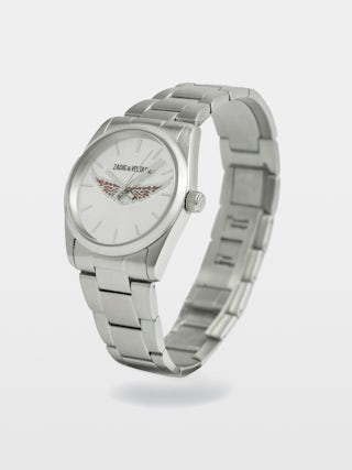 Zadig Wings Watch - Stainless steel watch with gold dial with gold wings and steel bracelet.