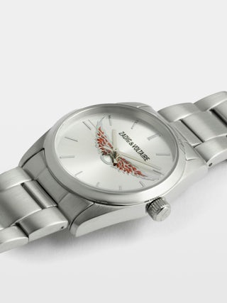 Zadig Wings Watch - Stainless steel watch with gold dial with gold wings and steel bracelet.