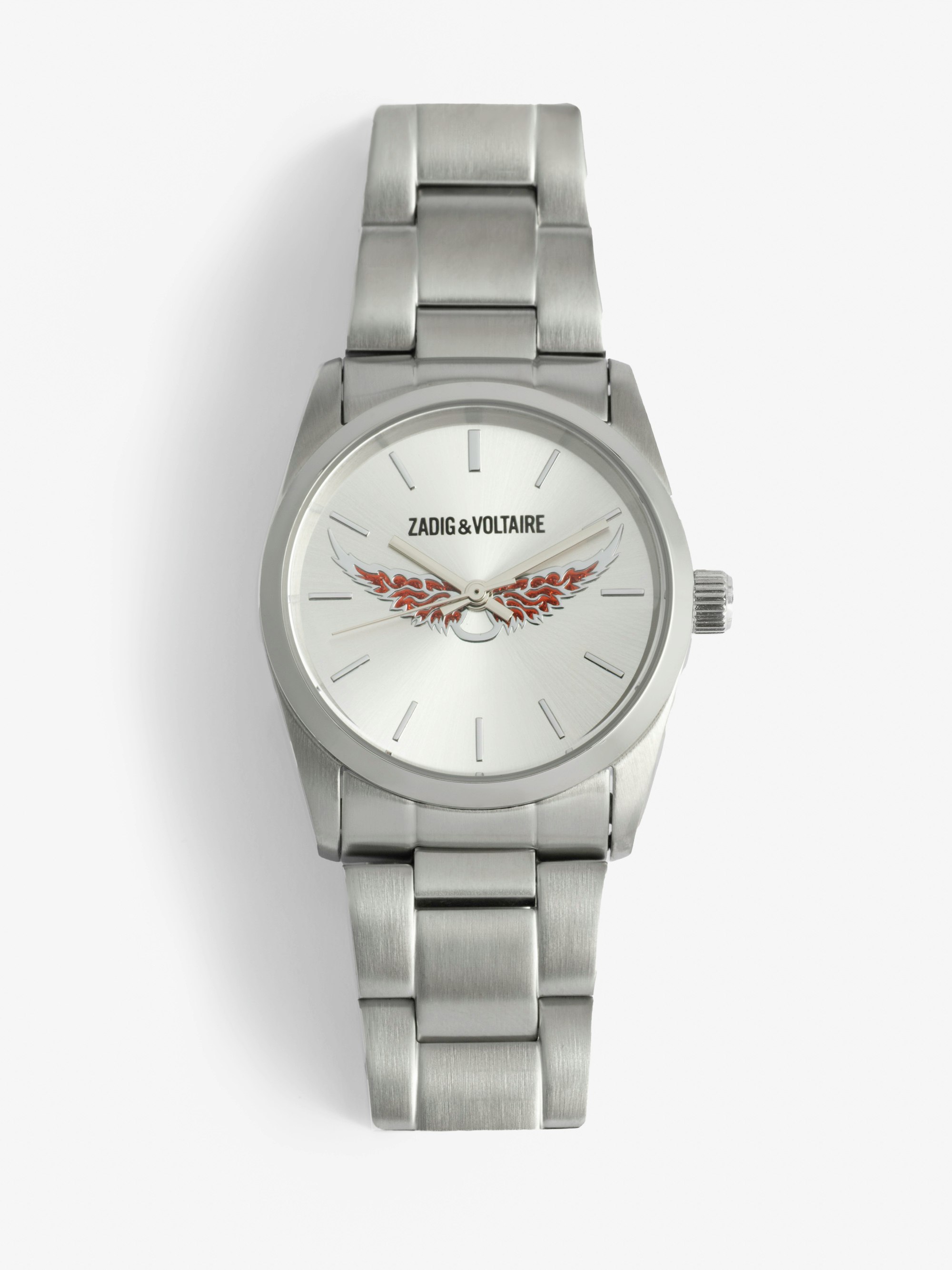 Zadig Wings Watch - Stainless steel watch with gold dial with gold wings and steel bracelet.